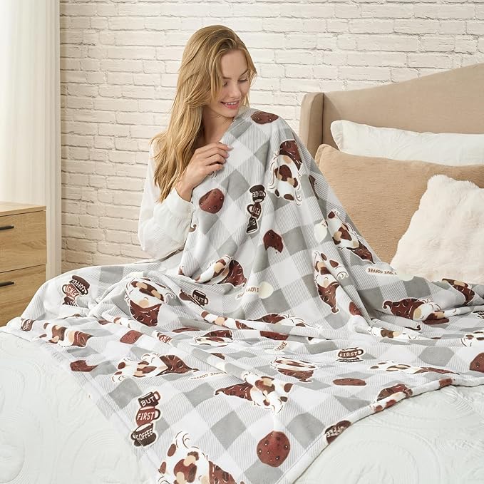 Cozy Bliss Gnome Coffee Throw Blanket - Warm MilkyPlush Throw Blankets,Ultra Soft Cozy Blankets for Couch,Sofa and Bed,Grey,50X60inches