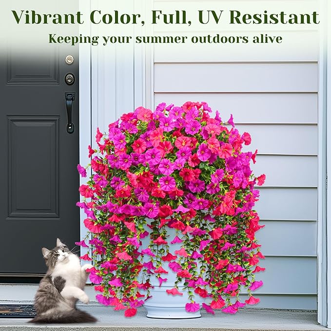 Dolicer 8 Packs Look Real Artificial Flowers for Outdoors, Fake Artificial Hanging Flowers for Outdoors Realistic UV Resistant Faux Hanging Flowers Silk Petunia for Porch Patio (Fuchsia+Rose Red)