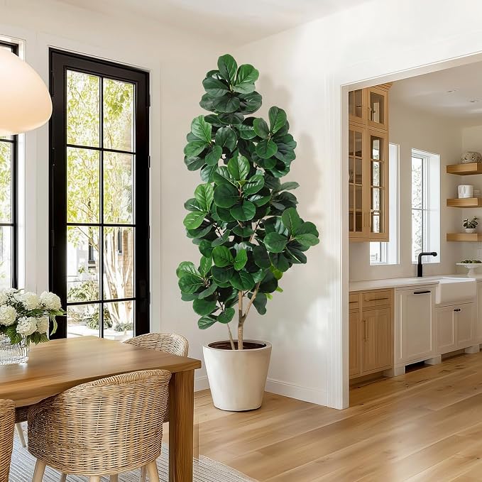 7 ft Fiddle Leaf Fig Tree Artificial with 141 Leaves - Realistic Faux Ficus Lyrata Trees in 9 in White Planter Pot, Indoor Fake Floor Plants for Home Office Living Room Decor, Housewarming Gift