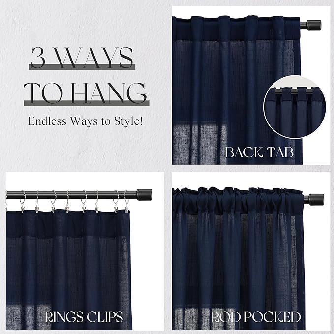 Jowels Navy Linen Curtains 102 Inch Long 2 Panels for Living Room | Navy Blue Light Filtering Semi Sheer Curtain,Back Tab Pocket Pleated Look,Boho Textured Privacy Drapes for Bedroom Window