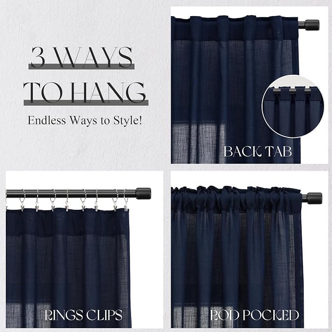 Jowels Navy Linen Curtains 90 Inch Long 2 Panels for Living Room | Navy Blue Light Filtering Semi Sheer Curtain,Back Tab Pocket Pleated Look,Boho Textured Privacy Drapes for Bedroom Window