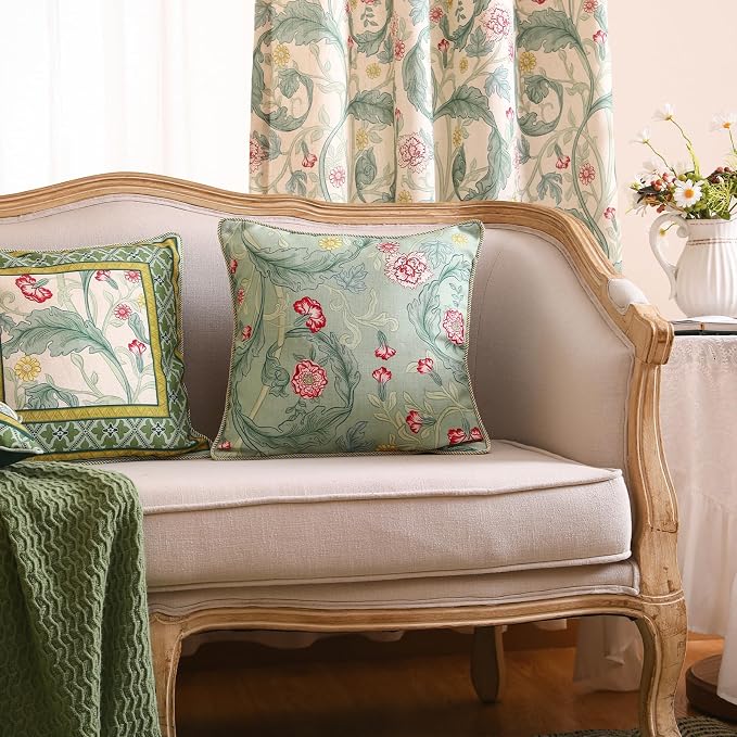 patdrea Designer French Vintage Linen Throw Pillow Cover,18"x18"-Cecilia B | Decorative Pillow Case with Zipper,Green Floral Pattern,Cushion Coverfor Couch Living Room Bedroom Sofa