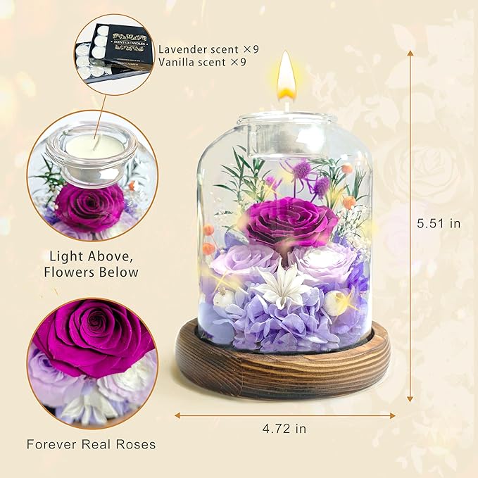 Gifts for Mom, Preserved Rose Flowers in Glass Dome, Forever Flowers for Delivery, Eternal Rose, Birthday Gifts for Women, Mothers Day for Grandma, Wife, Daughter, Anniversary(Purple)