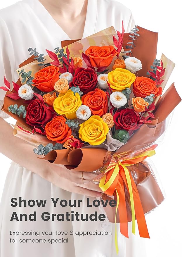 Polylove Flowers for Delivery Prime Forever Flowers Bouquet Preserved Roses Bouquet Flower Gift for Women Wife Mother Day Graduation Birthday (Orange, Big)