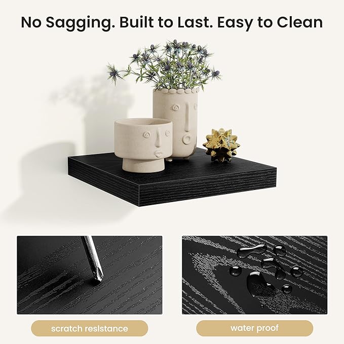 Fun Memories Floating Shelves for Wall, Rustic Wood Wall Mounted Shelves for Bathroom, Bedroom, Living Room & Kitchen, Storage Display Shelves, (Set of 3, Black, 12 in)