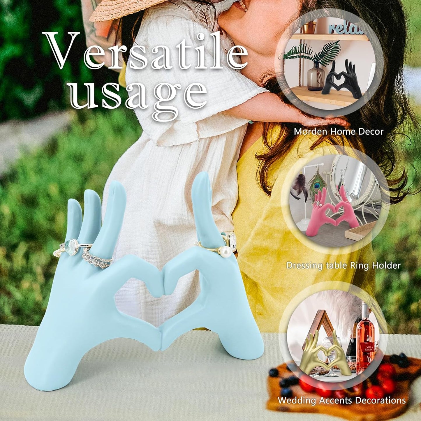 Accessoryway Blue Heart Hands Sculpture Decor - Valentines Day Decorations for Living Room, Bedroom, Office & Shelf Decor,Unique Heart Hands Ring Holder Display for Girls & Wedding Decorations