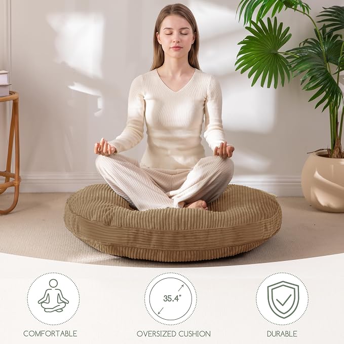 HIGOGOGO 35" Floor Pillow Cushion for Adults, Meditation Cushion Pillow, Extra Large Square Floor Sitting, Tufted Corduroy Cover for Tatami Living Room or Yoga, Coffee