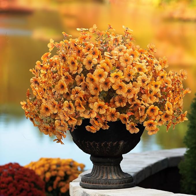 Grunyia 16 Bundles Artificial Fall Flowers UV Resistant Faux Greenery, All Weather Outdoor Autumn Decor for Thanksgiving Christmas Wedding Home Garden Fireplace Party Décor (Fall Orange Yellow)