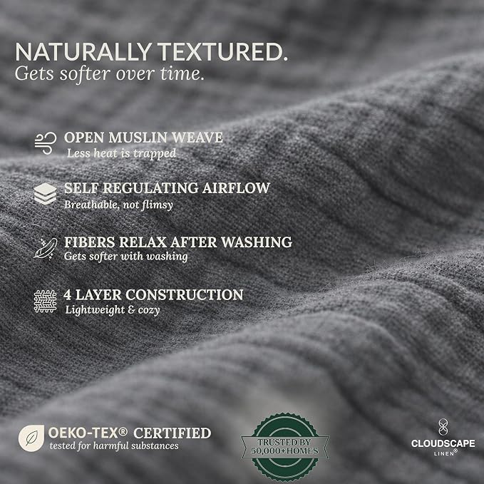 CLOUDSCAPE 4 Layer Muslin Blanket for Adults - 100% Cotton Throw Blanket - 50"x70" Oversized Gauze Throw for Sofa, Couch - Soft Lightweight Breathable Muslin Cotton Throws for Summer - Sharkskin