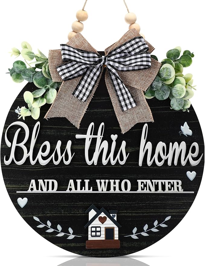 3D Bless This Home and All Who Enter Wooden Front Door Signs，Door Decorations Hanging,Christian Jesus Home Porch Wall Decor，Spring Wreaths，Door Wreaths for Front Door Outside All Season(Black)