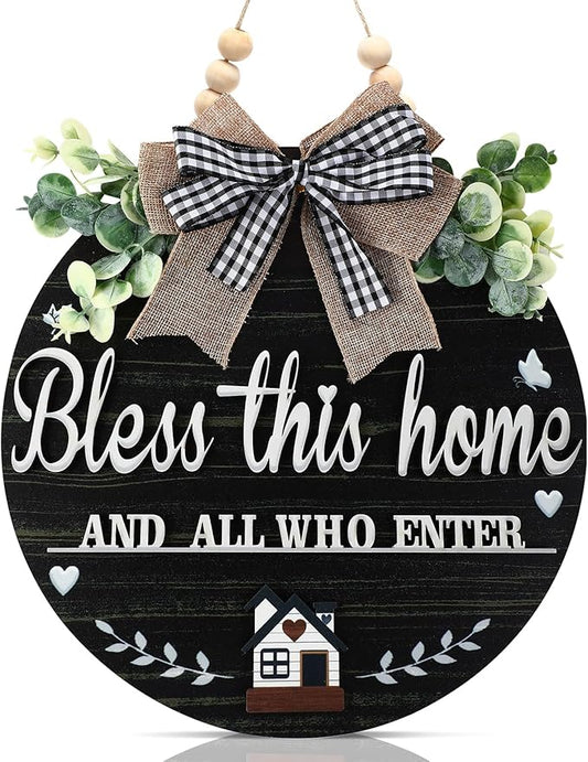 3D Bless This Home and All Who Enter Wooden Front Door Signs，Door Decorations Hanging,Christian Jesus Home Porch Wall Decor，Spring Wreaths，Door Wreaths for Front Door Outside All Season(Black)