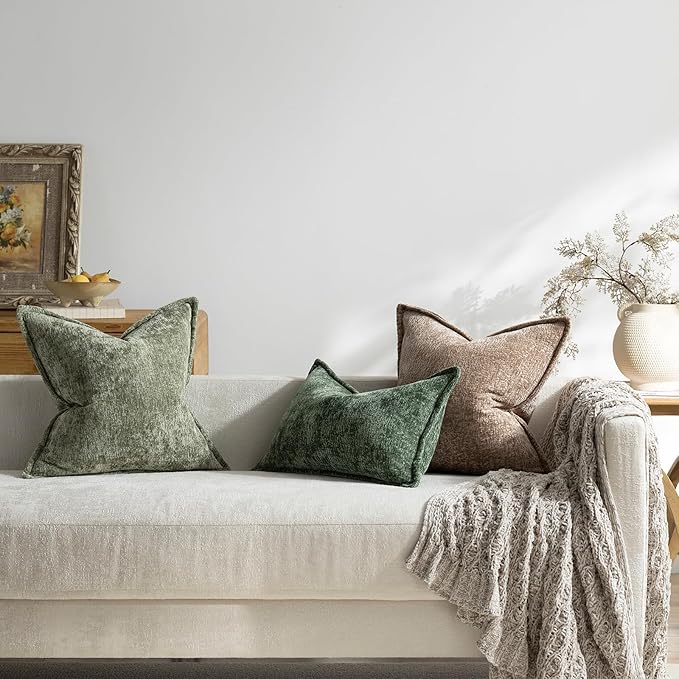 DEZENE Pack of 2 Khaki Decorative Throw Pillow Covers 18x18 Cozy Soft Chenille Accent Vintage Square Couch Pillow Covers for Home Decor Bed Sofa Living Room