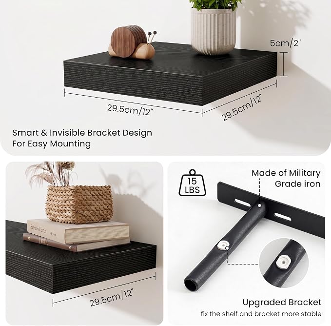 Fun Memories Floating Shelves for Wall 12 Inch, 12 Inch Deep Square Wall Shelves, Bathroom Storage Shelves Over Toilet, Wood Floating Shelves for Living Room Bedroom, Black, Set of 2