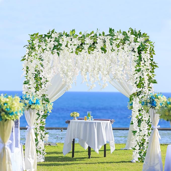 Sggvecsy 6Pcs Wisteria Garland Artificial Flowers Garland Fake Hanging Wisteria Vines Rattan Silk Hanging Flower Vines for Home Garden Outdoor Wedding Arch Party Ceremony Total 35.4Ft (White)