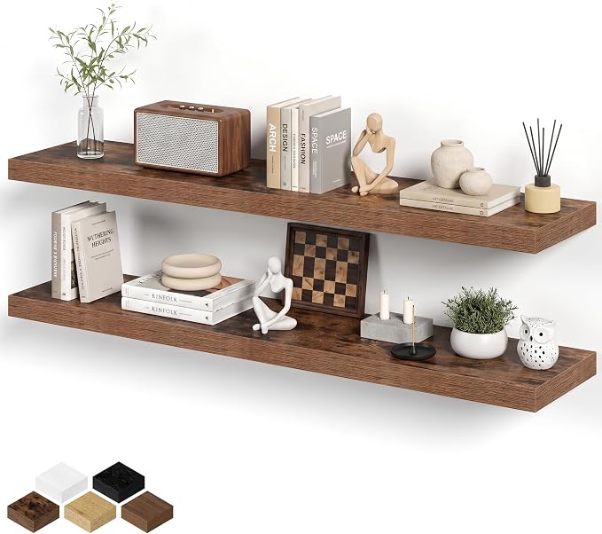 Fun Memories 48 Inch Floating Shelves for Wall 8 Inch Deep Rustic Brown Shelves Set of 2, Wall Mounted Rustic Wood Long Floating Shelf, Large Display & Storage Shelf with Invisible Brackets