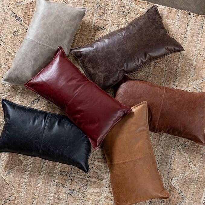 Genuine Leather Pillow Cover Case for Lumbar Throw Couch Pillows - Modern Farmhouse Decorative Sofa Thick & Soft Cushion Covers (Dark Brown, 12" x 20")