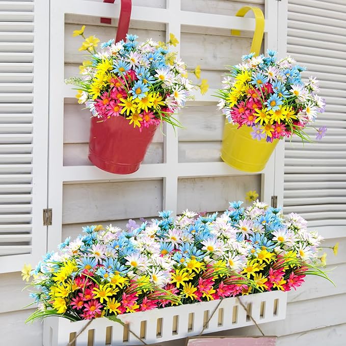 4 Bundles Artificial Large Daisy Fake Plants Flowers Faux Silk Wildflowers Bouquet Outdoor UV Resistant for Home Decor Indoor Outside Garden Front Porch Planters Decoration (Multi Color)