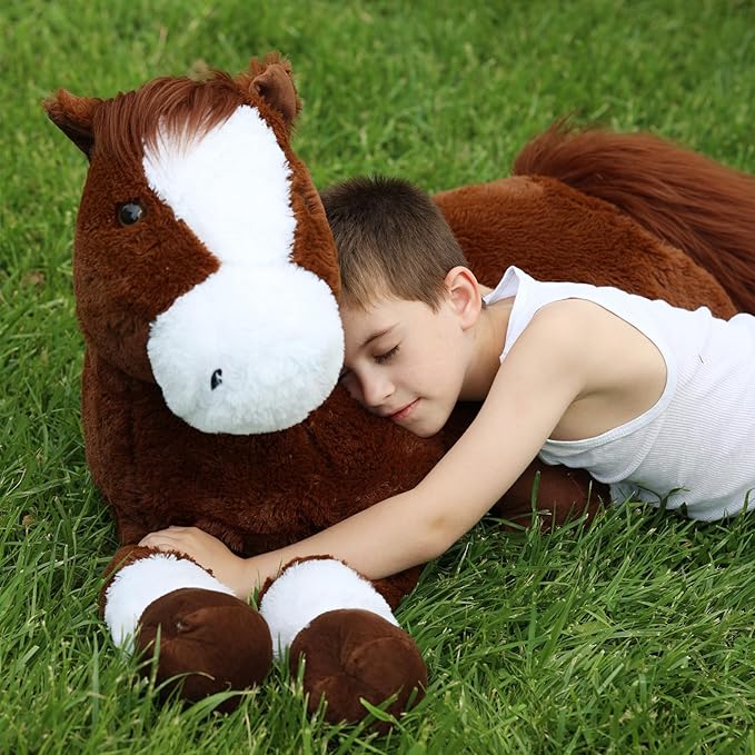 Tezituor 47 Inch Giant Realistic Horse Stuffed Animals, Hugging Soft 4ft Stuffed Horse Plush Body Pillow for Sleeping, Large Chocolate Stuffed Pony Farm Toy Birthday Party Decor for Girlfriend