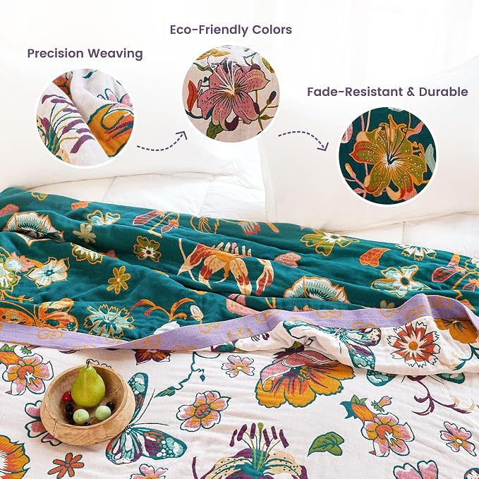 MSGKV Boho Throw Blanket 90"x90" Floral Blanket for Bed 100% Cotton Summer Breathable Lightweight Farmhouse Queen Blankets All Seasons Home Decor Muslin