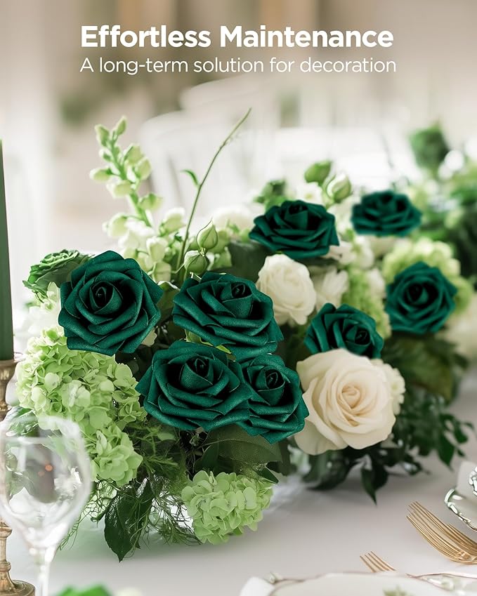 InnoGear Artificial Flowers, 50 Pcs Hunt Green Foam Fake Roses Bulk with Stems for St. Patrick's Decoration DIY Wedding Bouquets Centerpieces Bridal Shower Party Valentines Christmas Tree