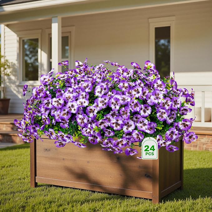 24 Pcs Artificial Fake Pansy Flowers for Outdoor,Faux Silk Plants Flowers UV Resistant Pansies Spring Flowers for Planter Front Door Porch Yard Patio garden Window Box Home Decor(Purple White)