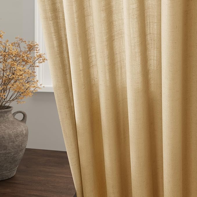 Gold Yellow Linen Curtains 108 Inches Long for Living Room 2 Panels Set Extra Long Back Tab Curtain Semi Sheer Light Filtering Gold Yellow Drapes Floor to Ceiling Curtains for Large Windows 52x108