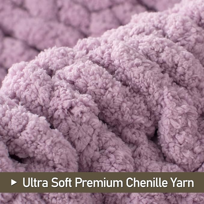 Chunky Knit Throw Blanket 60x80, 100% Handmade Chenille Yarn | 6.7lbs Soft Thick Cable Knitted Blankets, Large Rope Knot Crochet Throws for Couch Sofa Bed Machine Washable, Purple