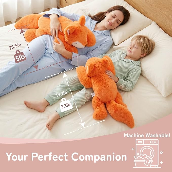 Niuniu Daddy Fox Weighted Stuffed Animals for Kids & Adults, 24" | 5lb Large Weighted Plushies Pillow for Sleeping and Calming, Cute Lying Plush Toy Huggable Gift for Everyday Comfort