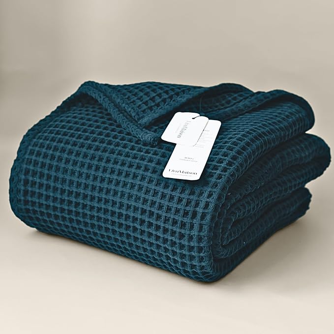 100% Turkish Cotton Waffle Throw Blanket King Size Blue - Premium Quality, Light and Airy Waffle Weave All-Season Quilt - Lux Decorative Bedspread (Indigo Blue, King Size 95" x 110" Inch)