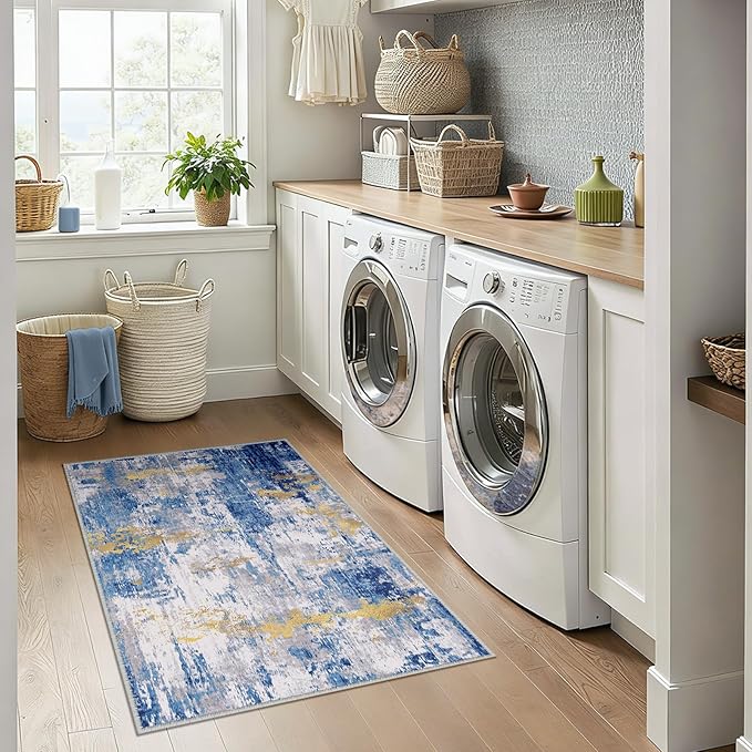RELEANY Washable Area Rugs 3x4 Non-Slip Modern Abstract Soft for Living Room Entryway Bedroom Nursery, Print Pattern, Grey Blue Gold/Golden