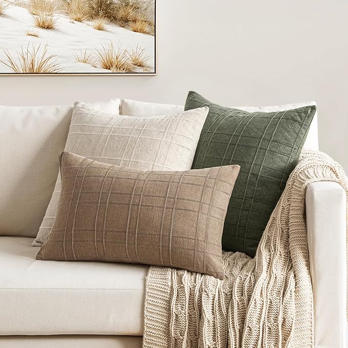 MIULEE Decorative Linen Check Euro Shams Throw Pillow Covers Neutral Farmhouse Vintage Pillow Covers 22x22 Set of 2 Boho Modern Winter Home Decor for Sofa Couch Bedroom Cushion Light Brown
