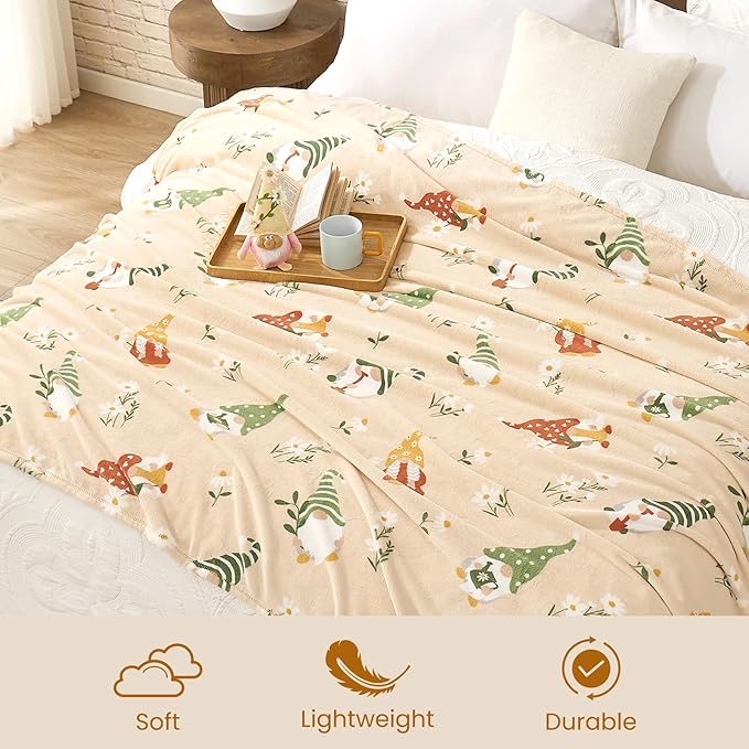Cozy Bliss Gnome Spring Throw Blanket - Garden Daisy Floral Design, Warm MilkyPlush Throw Blankets, Ultra Soft Cozy Blankets for Couch, Sofa and Bed, Beige, 50X60inches