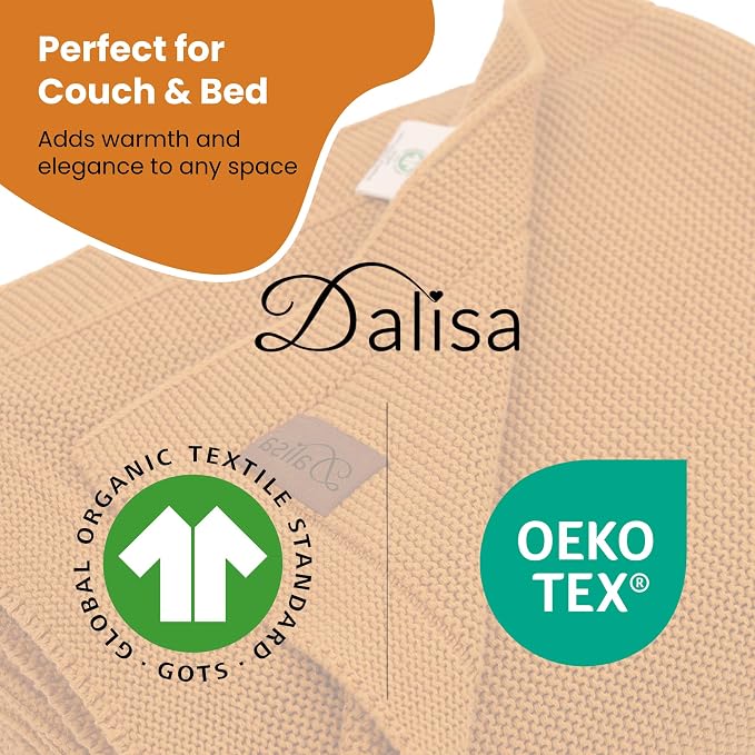 Dalisa 100% Organic Turkish Cotton Throw Blanket - GOTS Certified, Cozy - Perfect for Couch, Bed, and Home Decor - Boho Vintage Knit Alina (Saffron Gold, 60x80)