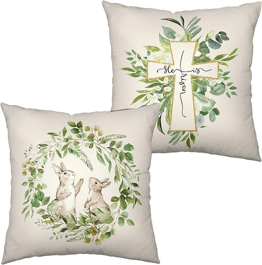 He is Risen Easter Cross Throw Pillow Covers 18x18 Set of 2 Easter Bunny Rabbit Pillow Case Spring Green Wreath Decorative Cushion Case for Living Room Couch Patio
