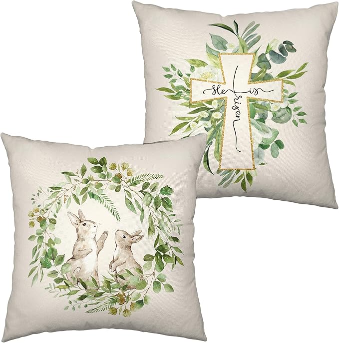 Happy Easter Decorative Pillow Covers He is Risen Cross Throw Pillowcase 24x24 Spring Green Wreath Garland Cushion Covers for Indoor Outdoor Decor Sofa Patio 2 Pack