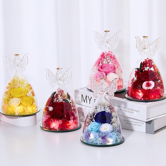 Mothers Day Rose Gifts for Women Preserved Real Flower in Glass Angel Figurines Roses for Delivery Prime Birthday Gifts for Mom Grandma Girlfriend Wife Her, ChampagneGold Austin