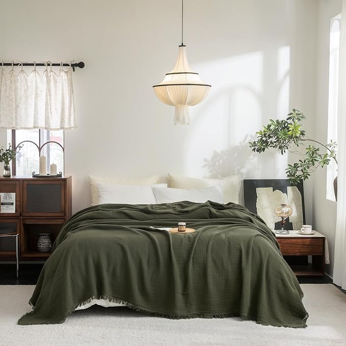 FOSSA Muslin Blanket 4-Layer 100% Cotton Gauze Blanket with Fringe 104"x90" | Super Soft Breathable Lightweight All Season & Decorative Blanket or Bed, Sofa, Office (Olive Green, King)