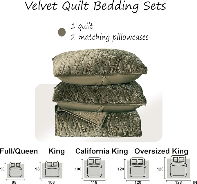 Velvet Quilt Set California King Size 106x118 Soft Bedding Set 3 Pieces Neutral Luxury Bedspread Farmhouse Comforter with 2 Pillow Shams 20x36 for All Seasons,Army Green