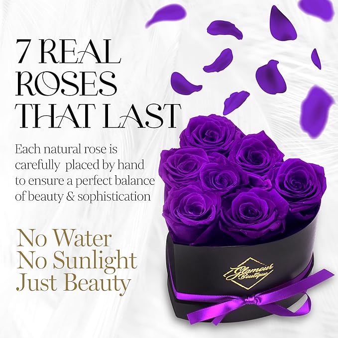 GLAMOUR BOUTIQUE 7 Flower Forever Heart Shape Box, Eternal Preserved Roses Gift for Her, Lasting Flowers, Petite Floral Heart Box for Birthday, Anniversary or Valentine’s Day, Purple (Color-Treated)
