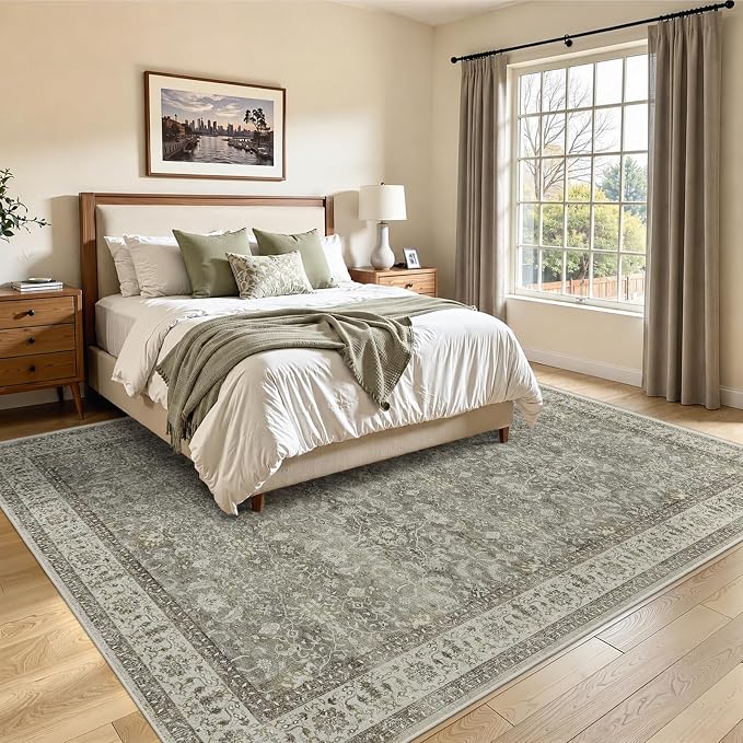 Neutral Gray 6x9 Area Rugs, Low Pile Print Washable Rugs for Living Room Bedroom Non Slip, Transitional Modern Faromhouse Carpet Rug for Dining Room Home Office, Gray/Beige/Olive