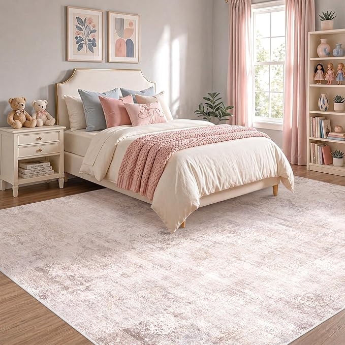 Pink and Grey Living Room Rug 8x10 - Modern Distressed Medallion Area Rug for Dining Room Under Table, Bedroom, Washable Non Slip High Traffic Low Pile Thin Floor Carpet