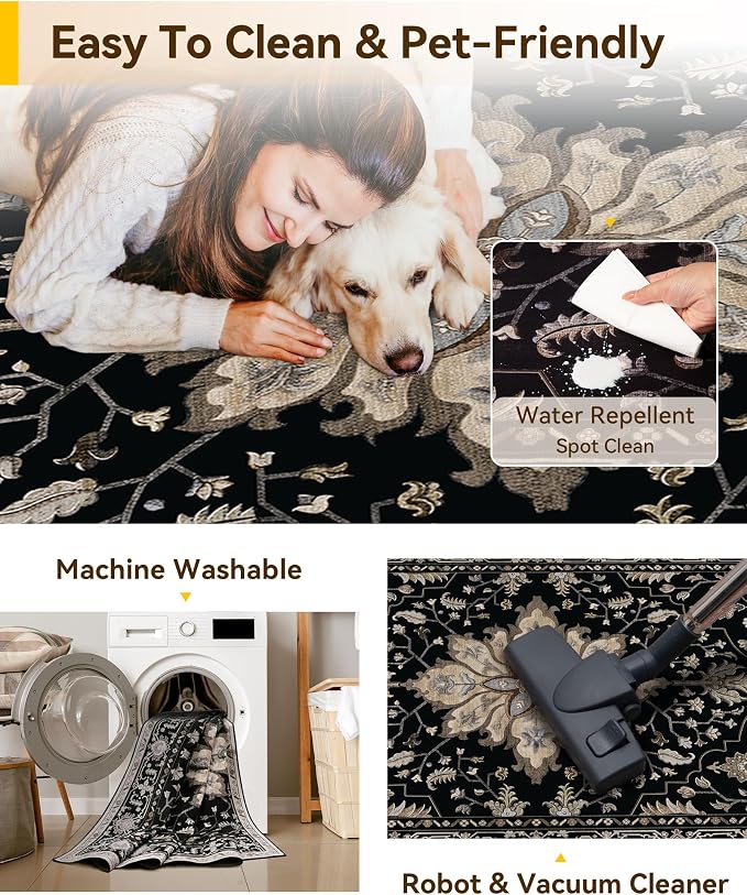 RELEANY Area Rugs Runner 2'6"x10' Washable Non-Slip, Floral Vintage Distress Medallion Carpet for Kitchen Hallway Bedroom Beside Laundry Room Bathroom, Black Brown Neutral Dark Tan