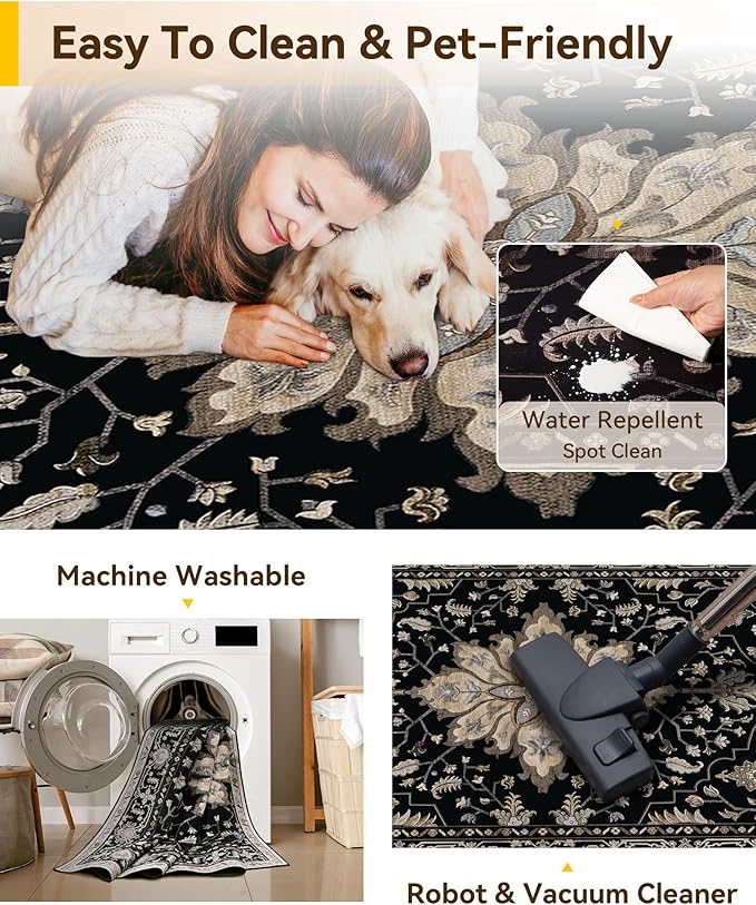RELEANY Area Rugs Square 7ft Washable Non-Slip, Floral Vintage Distress Print Pattern Medallion Carpet for Living Room Bedroom Dining Room, Black Brown Neutral Dark Tan