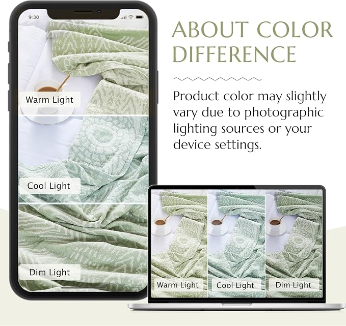 jinchan Boho 100% Cotton Blanket Muslin Lightweight Twin Size Throw Blanket Reversible for Couch Soft Cozy All Season 3-Layer Throw Coverlet Blanket for Bedroom Living Room Decor Green 60x80 Inches