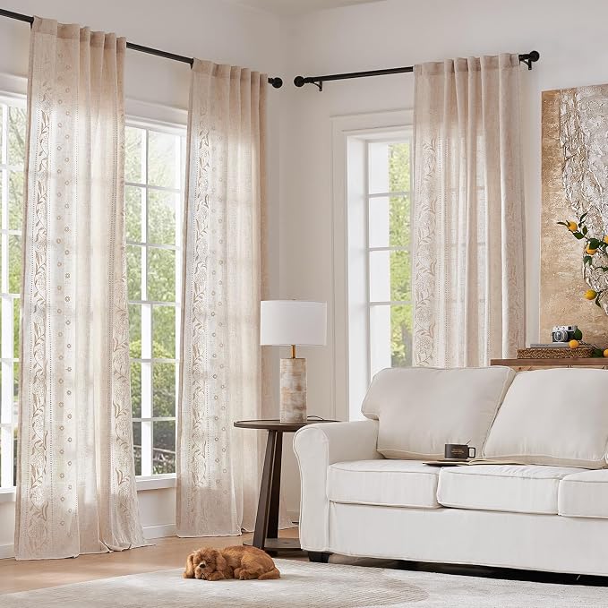 jinchan Winslow Linen Curtains for Bedroom 84 Inches Length Embroidered Bordered Floral Curtains for Living Room Farmhouse Decor Light Filtering Window Treatments Ivory on Beige Drapes 2 Panels