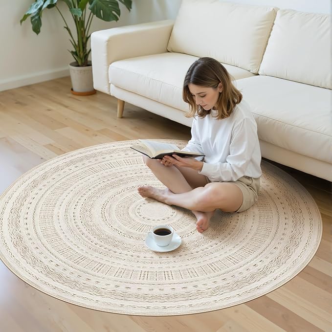 cotiled 5x5 Round Area Rug Living Room: Washable Boho Rugs with Non Slip Backing Large Soft Indoor Stain Resistant Carpet for Bedroom Farmhouse Dining Room Lightweight Home Decor Brown/Cream