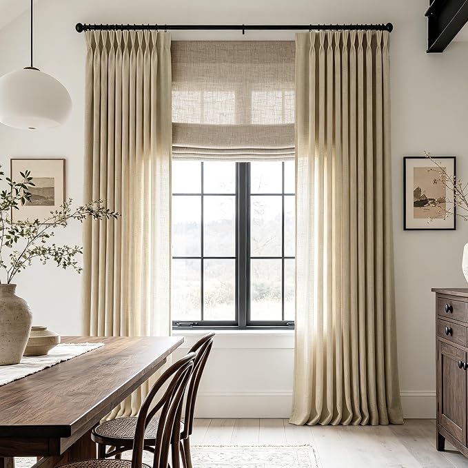 Tripe Pinch Pleat Oatmeal Tan Linen Curtains for Living Room Bedroom 2 Panels Set Rustic Farmhouse Burlap Textured Pleated Curtains with Hooks Light Filtering Memory Trained Drapes 84 inches Long