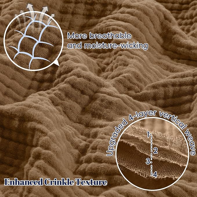 PHF 100% Cotton Muslin Blanket Queen Size 90"x90", 4-Layer Lightweight Gauze Throw, Breathable Cloud-Soft Minimalist Blanket for Bed, Couch, Camping & Baby, Coco Brown, Ideal Gift