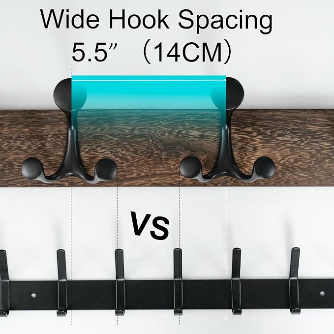 WEBI Coat Rack Wall Mount,43" Solid Wood Coat Hooks Wall Mounted Coat Hanger,16" Hole to Hole,Heavy Duty Hook Rack Rail,8 Triple Hooks for Hanging Coats,Jacket,Clothes,Hat,Backpack,Weathered Brown