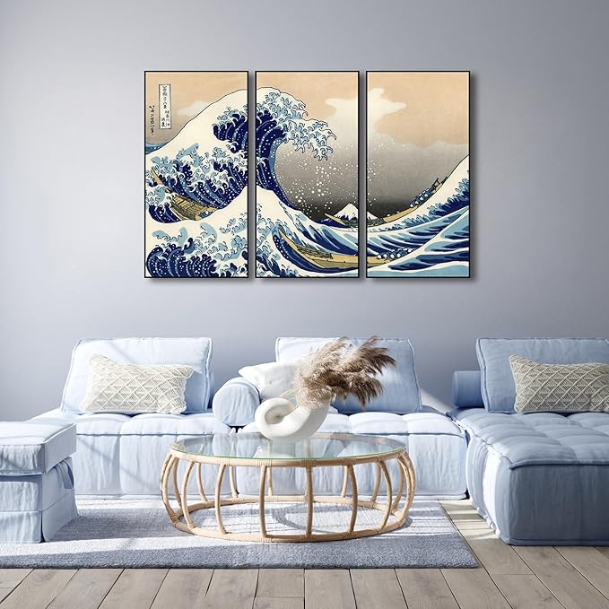 Wieco Art Large Black Aluminum Framed Art 3 Panel Great Wave of Kanagawa Katsushika Hokusai Canvas Prints Wall Art Abstract Seascape Paintings for Living Room Home Decorations